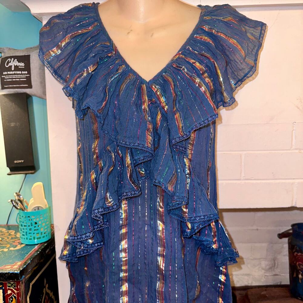 TRYB 212 METALLIC LUREX BLUE RUFFLE DRESS - Picture 2 of 10